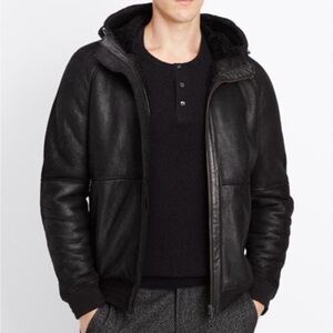 VINCE Shearling Leather Black Attached Hood Retro 2000’s Zip Up Jacket